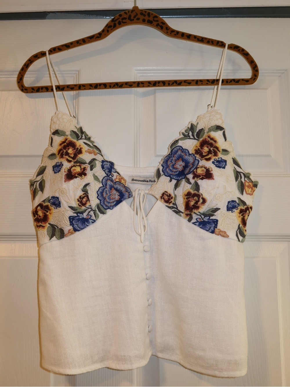 Abercrombie & Fitch White Linen Cami with Blue and Brown Floral Embroidery